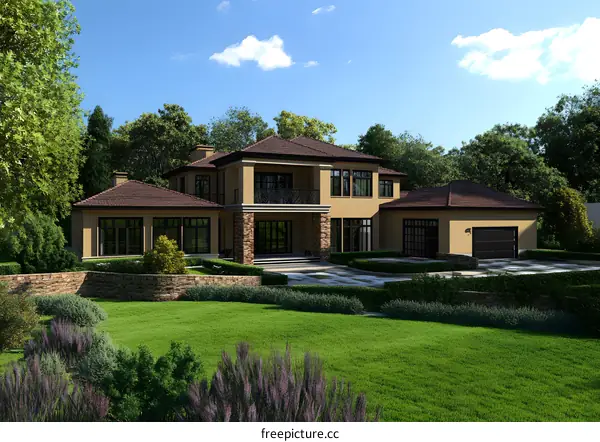 Modern House Exterior Design with Green Grass and Landscaping