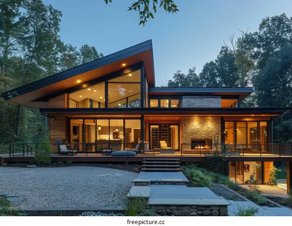 Modern House Exterior with Large Windows and Terrace at Night