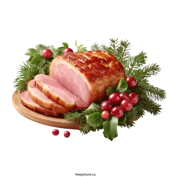 [Transparent Background PNG]Sliced Christmas Ham on Wooden Board with Holiday Decorations