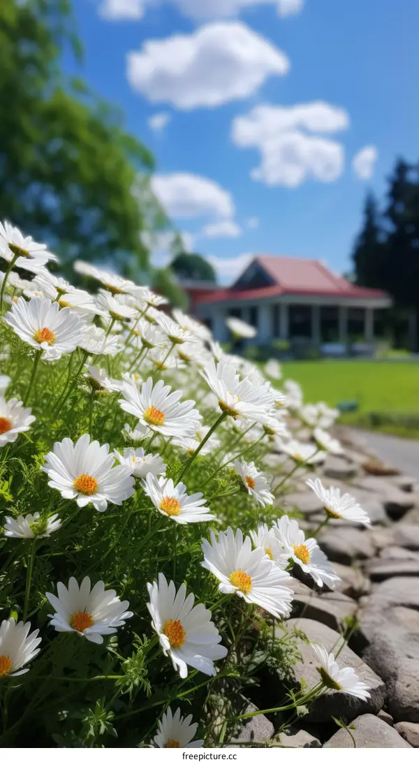 Field of daisies with a house in the background