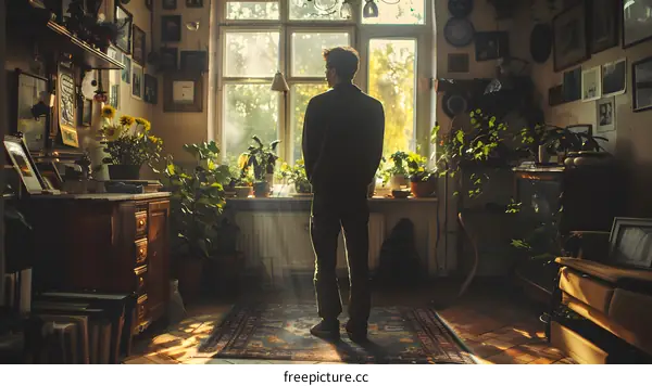 A young man standing in a room full of plants and looking out the window