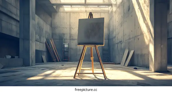 Empty Room with Easel and Canvas in a Concrete Building
