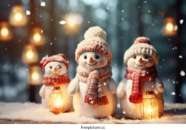 Snowmen with Lanterns in a Snowy Forest