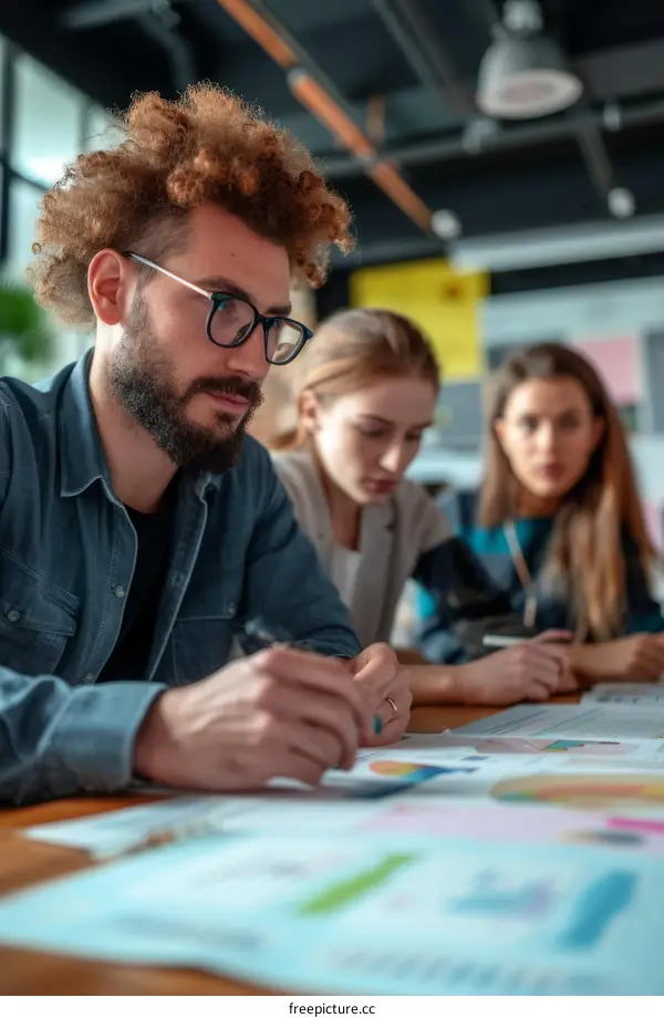 Three people in a meeting looking at graphs and charts