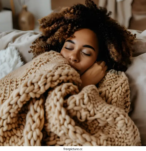 Woman with curly hair sleeping peacefully in a cozy blanket
