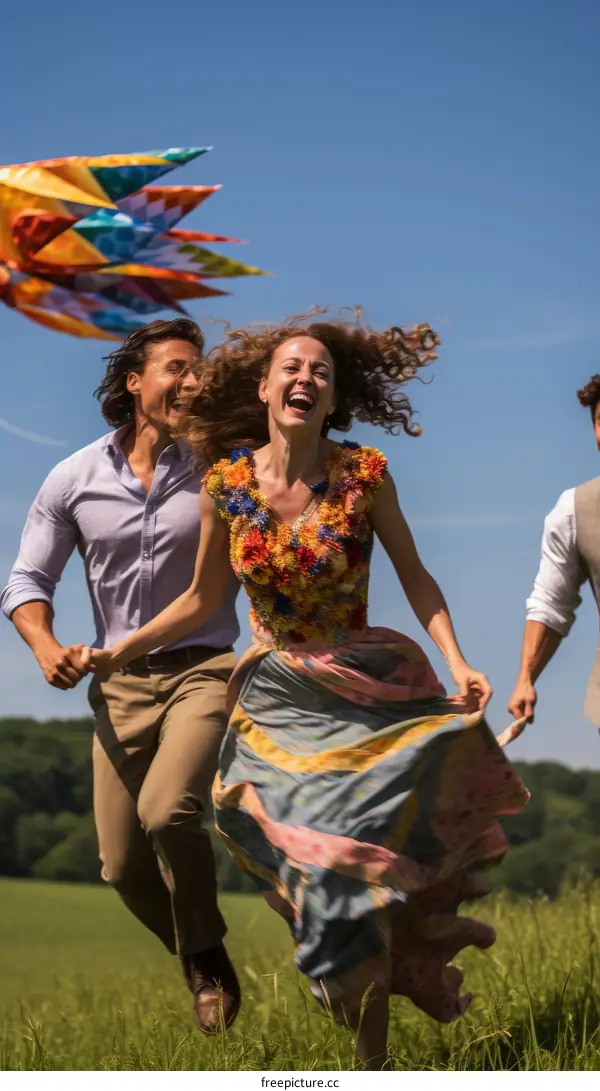 Three people running through a field holding hands with a large kite in front of them