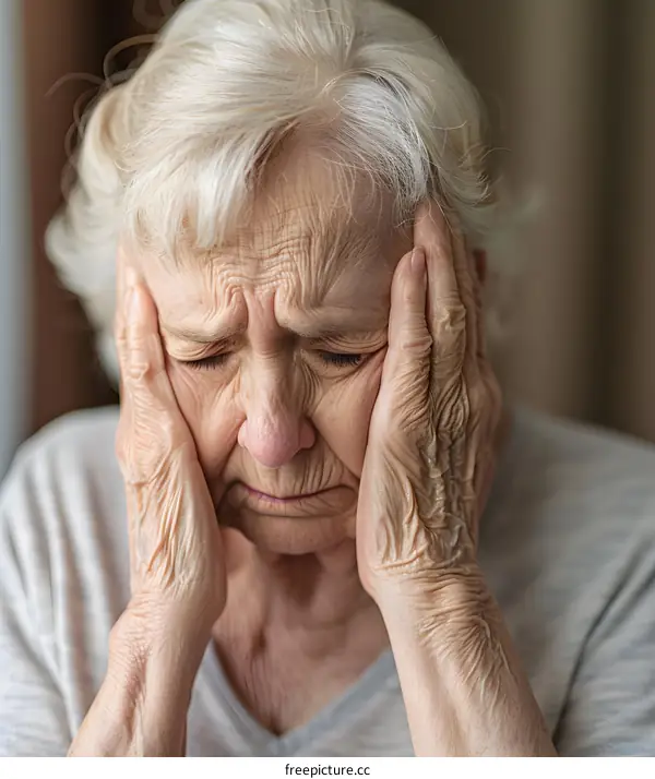 Sad Senior Woman With White Hair Holding Her Face