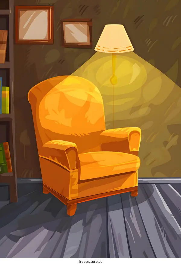 Yellow Armchair in a Cozy Living Room with a Lamp and a Bookshelf