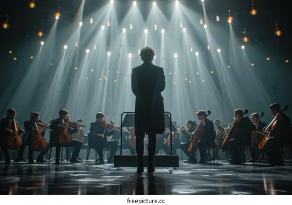 A conductor is conducting a symphony orchestra