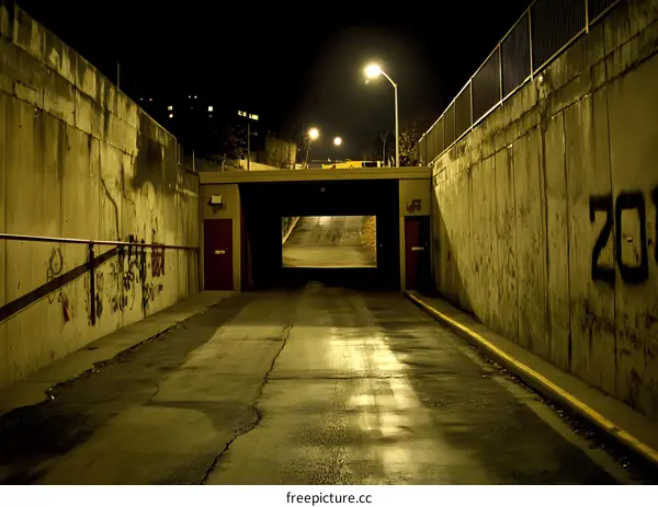 Nighttime View of a Concrete Underpass in an Urban Setting