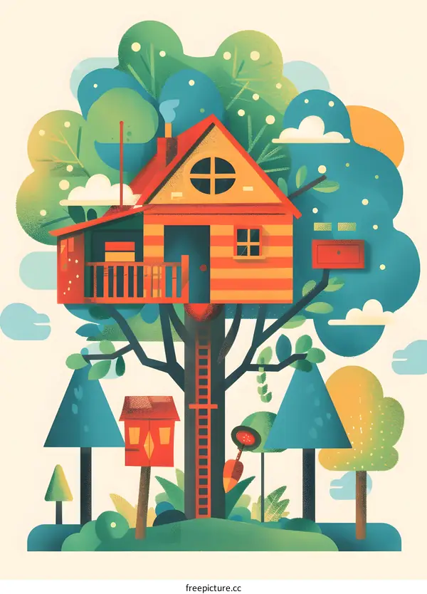 Illustrated Treehouse in Green Forest