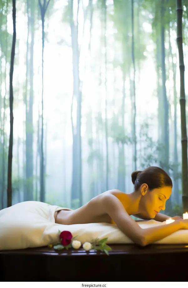 Brunette woman lying on massage table in spa with bamboo forest in background