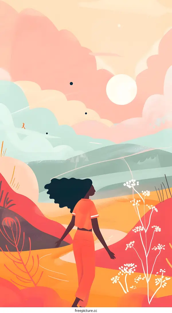 Woman with Curly Hair Looking at the Mountain View