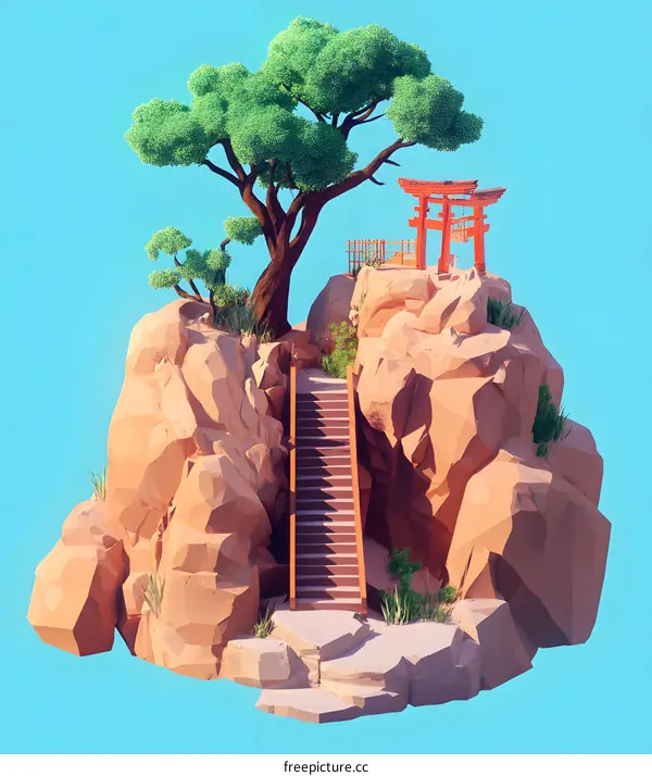 Low Poly Illustration Of A Japanese Shrine On A Rock