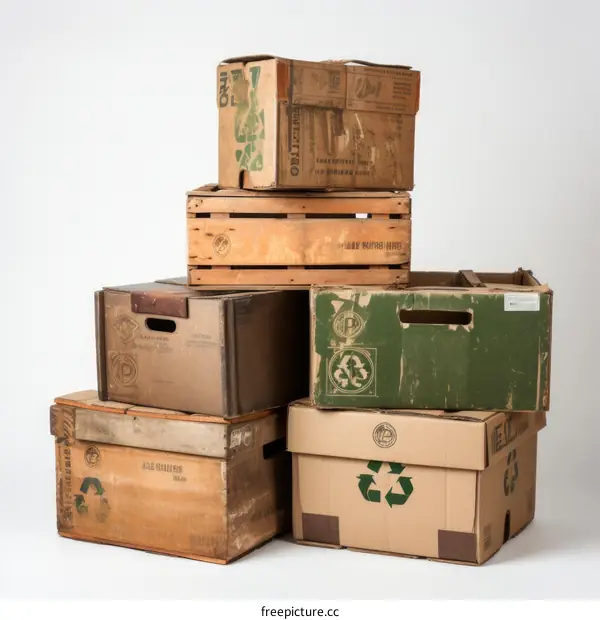 Vintage wooden and cardboard boxes stacked up