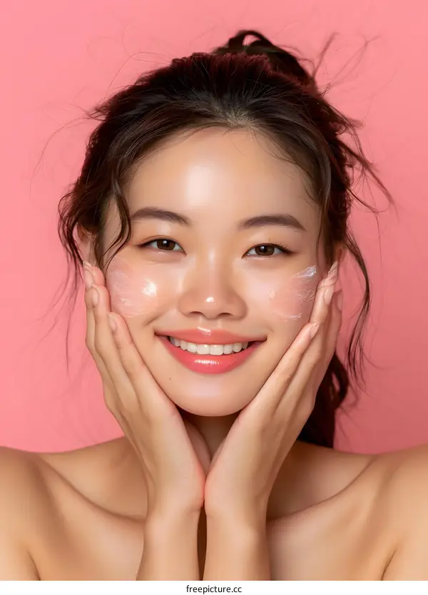 Beautiful Asian Woman Applying Face Cream on Pink Background