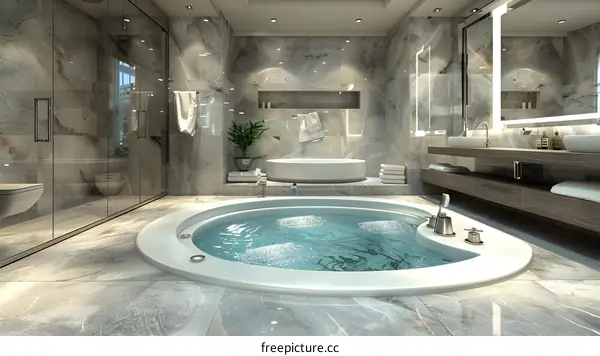 Modern Bathroom with Large Bathtub, Glass Shower, and Marble Tiles