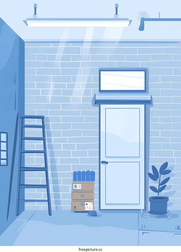 Blue Illustration Of Brick Wall, Door, Ladder And Boxes