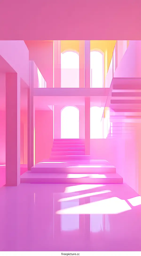 Minimalist Pink Interior With Stairs And Sunlight