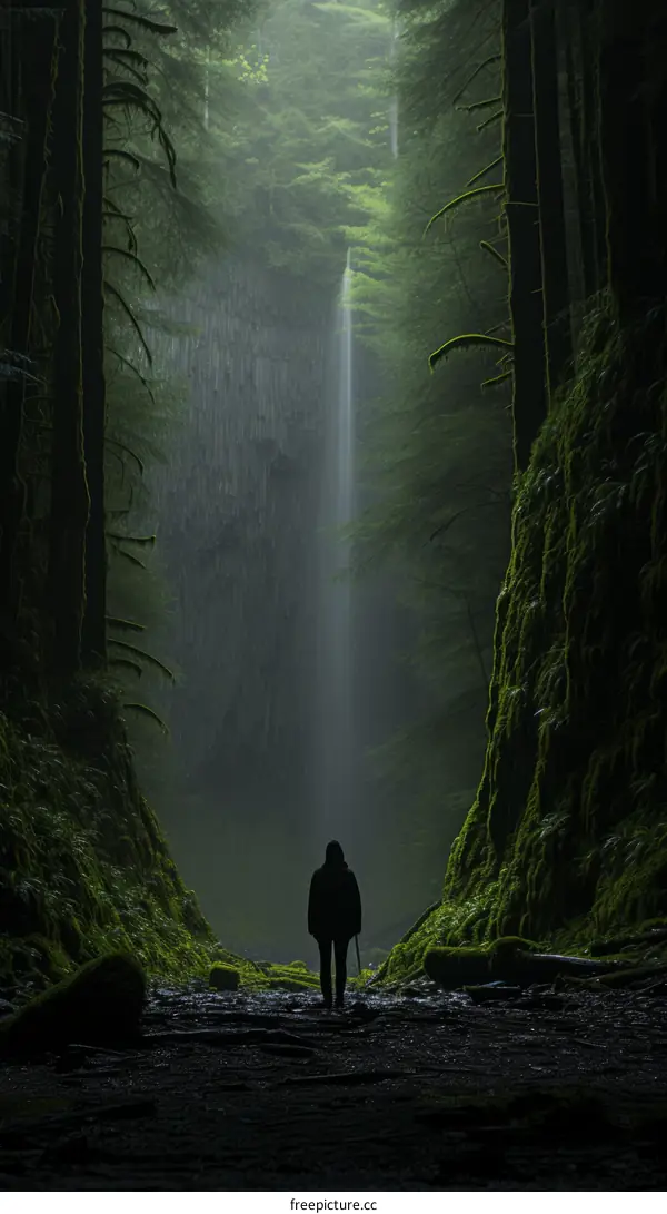 A person standing in a dark forest with a waterfall in the background