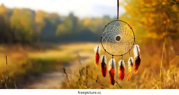 Dreamcatcher Hanging In A Field With Autumn Leaves In The Background