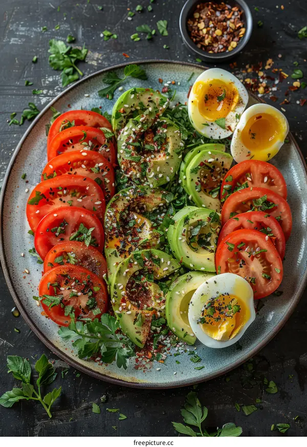 sliced avocado tomato and boiled egg salad with spices and herbs on a blue plate