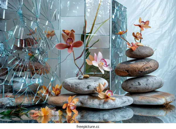 Still Life with Orchids, Rocks, and Broken Glass