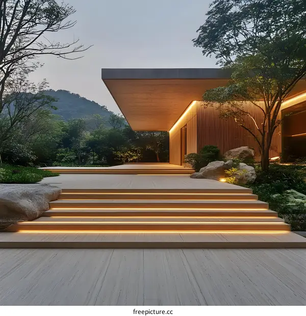 Modern Architecture Design With Wooden Facade and Stone Steps