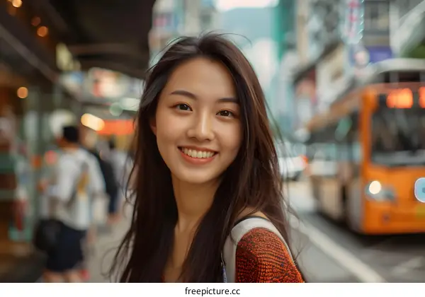 Smiling Asian Woman Standing on the Street in the City