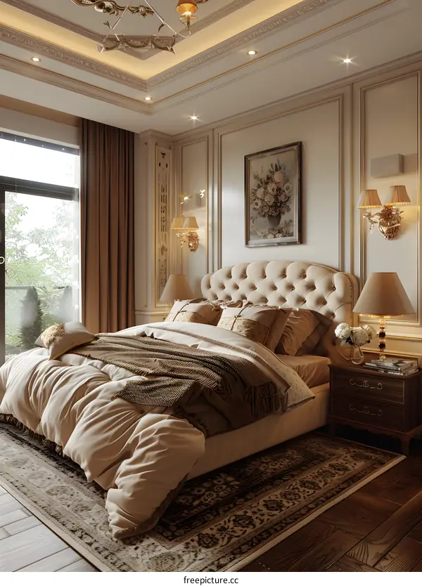 A bedroom with a large bed, a painting, and two nightstands.