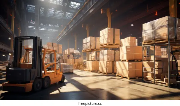 A large warehouse with a forklift and many boxes