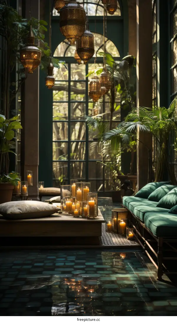 Moroccan Oasis Living Room with Verdant Velvet Sofas and Central Reflecting Pool