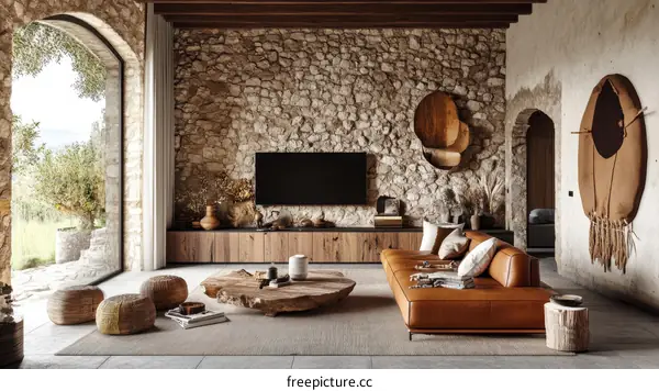 Rustic Living Room with Stone Walls and Leather Sofa