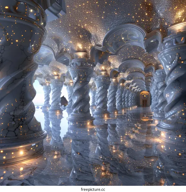 Surreal Hallway with Glowing Columns
