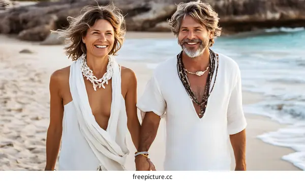 Couple Walking Hand in Hand on a Tropical Beach