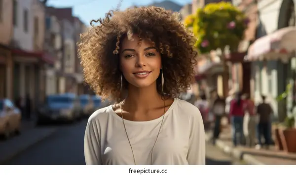 portrait of a young woman with curly hair smiling in the street