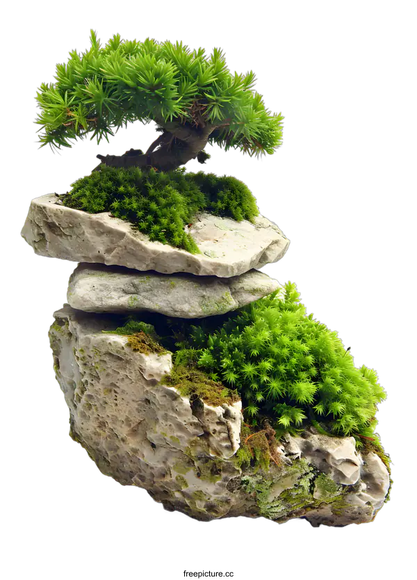 [Transparent Background PNG]Green Bonsai Tree on Stacked Stones with Moss