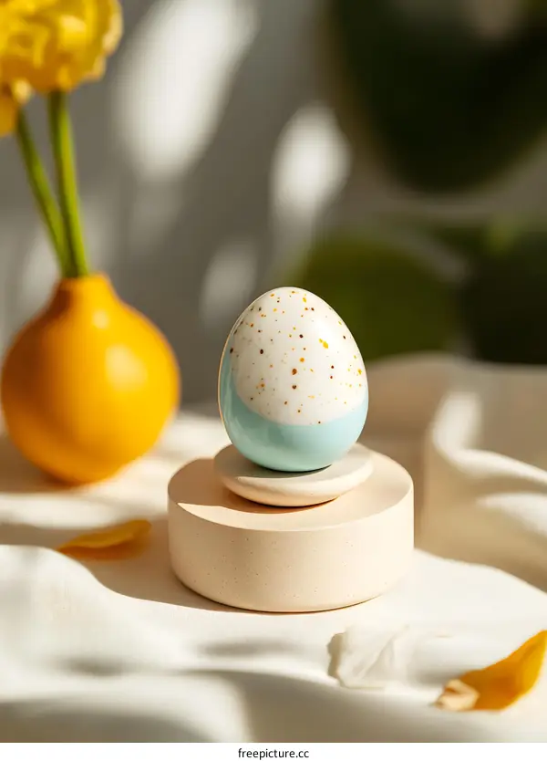 Decorative Blue and White Easter Egg on a Pedestal