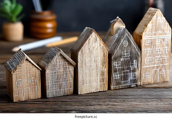 Wooden Miniature Houses Displayed on Wooden Tabletop