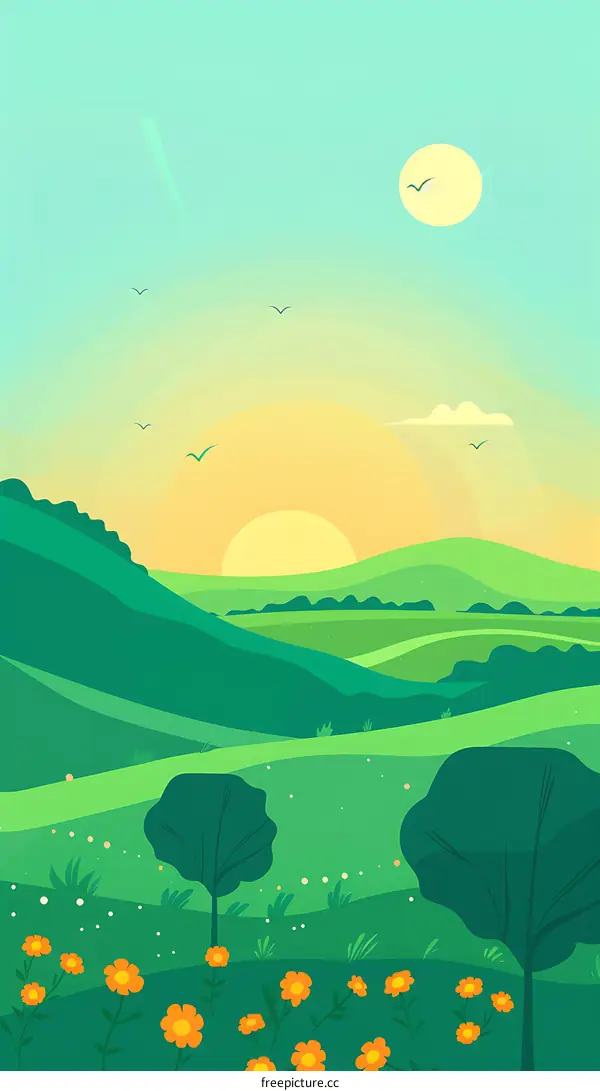 Sunset Landscape with Green Hills and Flowers