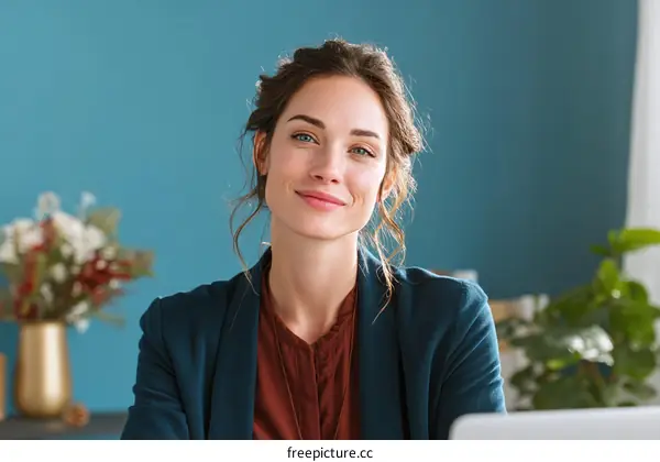 Professional woman in formal attire sitting at desk with laptop