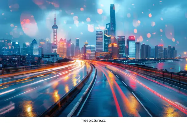 Lights on the Bridge at Night: Shanghai Evening Skyline