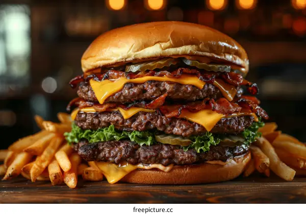 A delicious triple cheeseburger with bacon and pickles, served with a side of fries