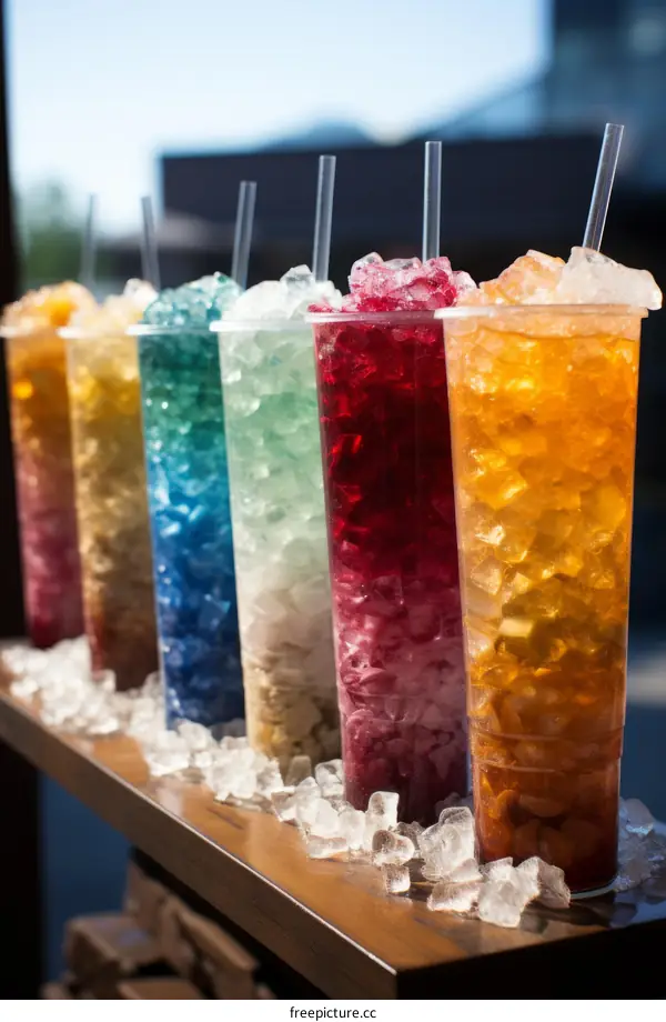 Colorful slush drinks in plastic cups