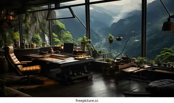An amazing home office with a view of the mountains