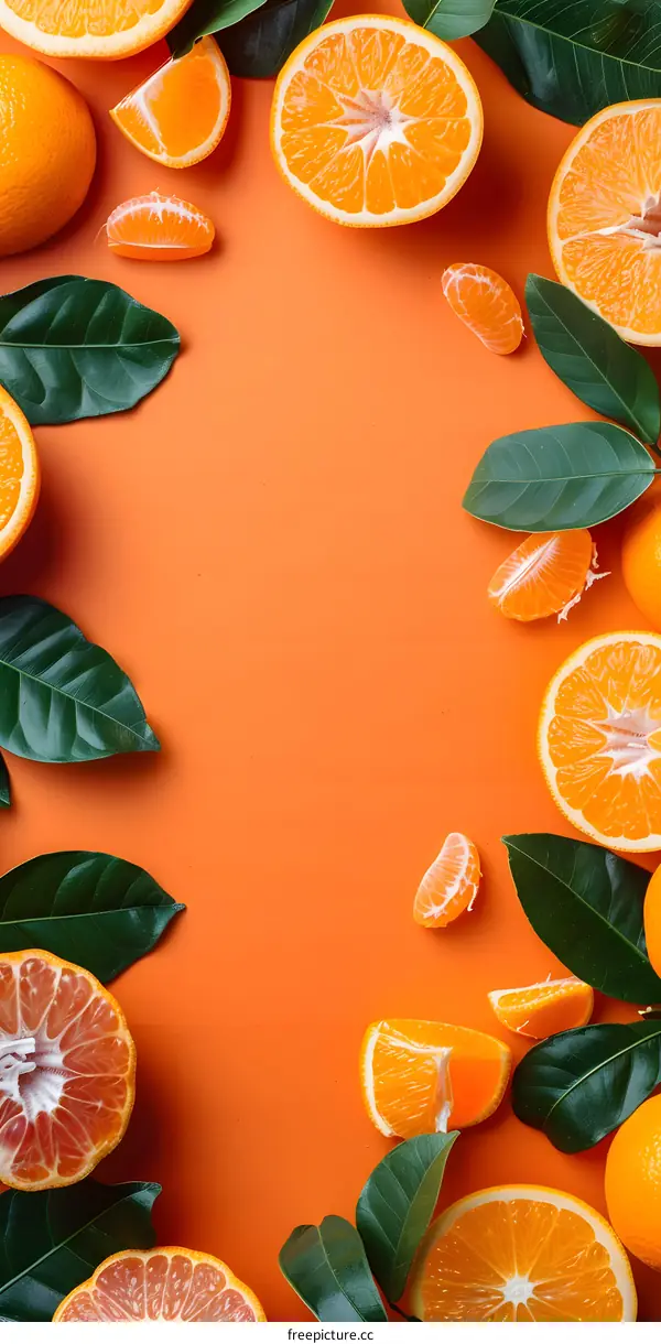 Orange Slices and Leaves on Orange Background