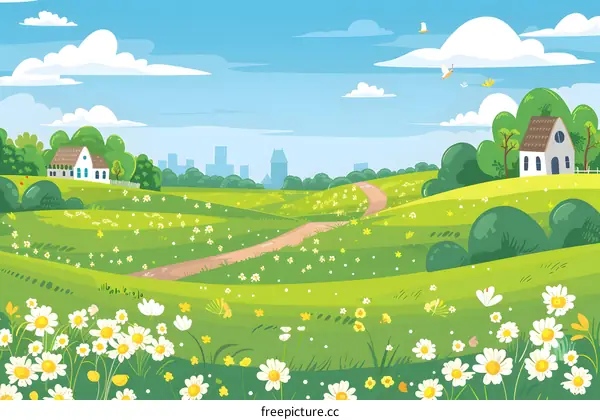 Beautiful Spring Landscape With Houses And Daisies