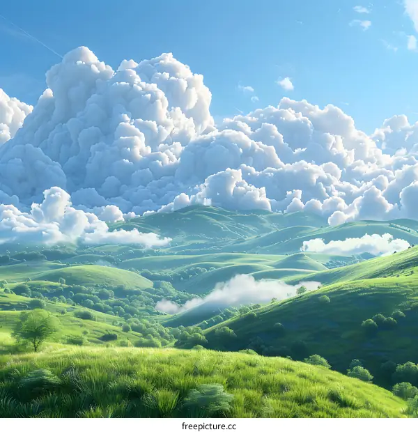 Green rolling hills under a blue sky with white clouds