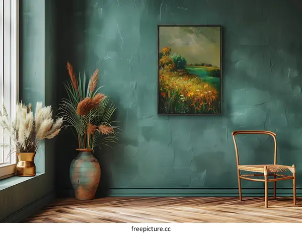 Green Wall With Framed Landscape Painting and Chair