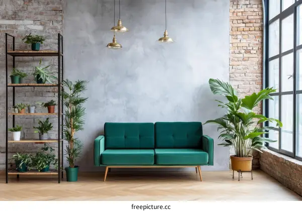 Modern Living Room with Greenery and Dark Teal Sofa